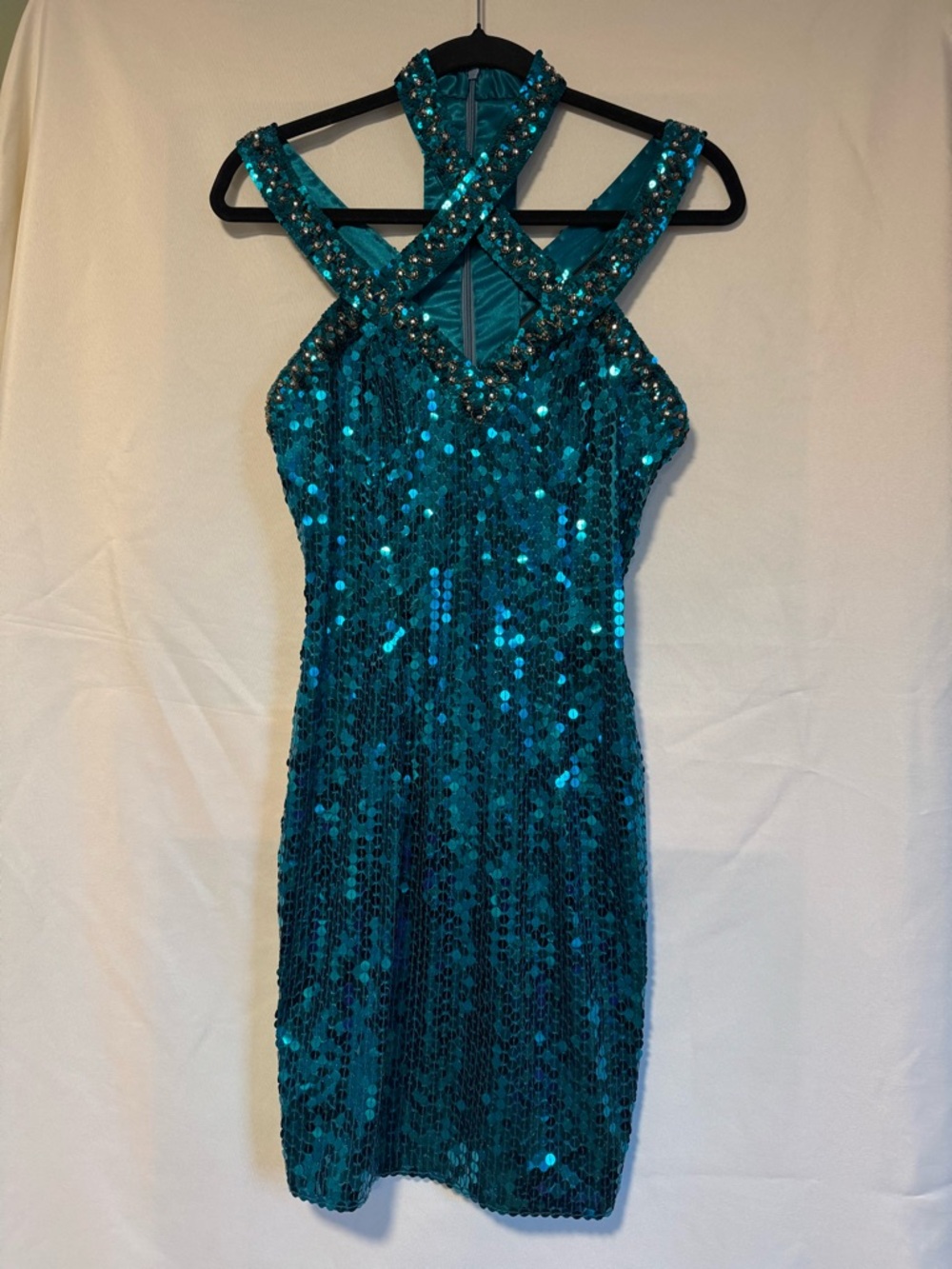 Teal Sequin Bodycon Dress Halter Crisscross Glam Party Cocktail